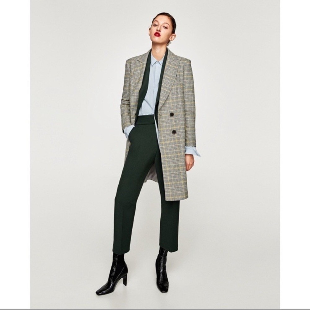 Zara Yellow grey check Checked Double Breasted Mid Length coat Size M - Picture 13 of 16